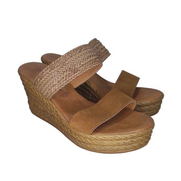 Mariella Suede Leather Woven Natural Slip On Wedge Sandals Size 7 - Picture 1 of 11
